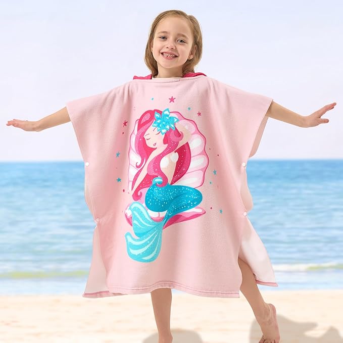 PINNKKU PINNKU Mermaid Beach Towel with Hood for 2-10 Years, Soft Absorbent Hooded Bath Towel for Boys Girls, Toddler Pool Swim Towel with Hood