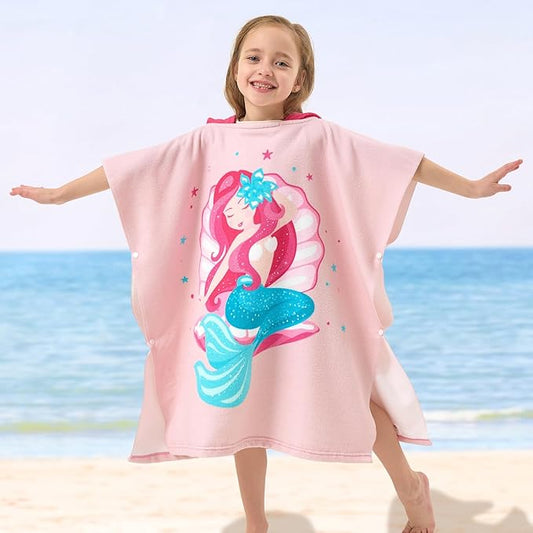 PINNKKU PINNKU Mermaid Beach Towel with Hood for 2-10 Years, Soft Absorbent Hooded Bath Towel for Boys Girls, Toddler Pool Swim Towel with Hood