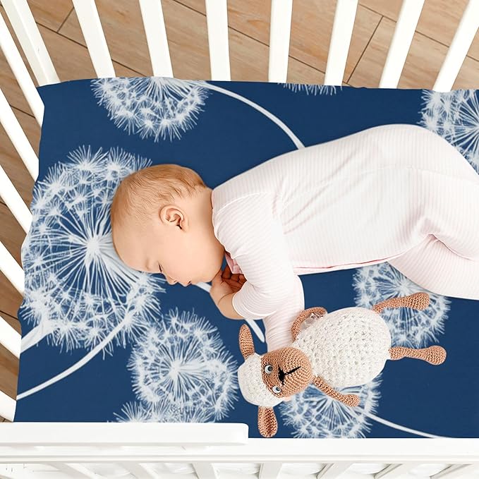 Blue Dandelion Crib Sheets Standard Crib Toddler Mattresses Cover Fitted Baby Bed Sheet Breathable Crib Mattress Sheet for Girls Boys 39''x27''x9''