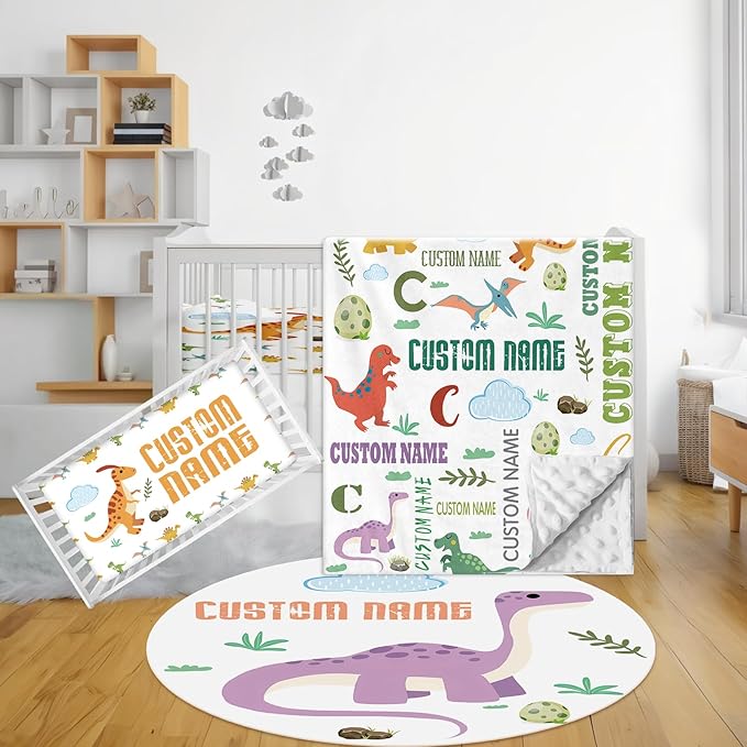 Custom Baby Bedding Set, 3 Pcs Personalized Name Crib Bedding Set for Nursery, Soft Double Layer Baby Crib Set for Boy Girl, Customized Gifts for New Parents Infants Toddlers, Green Dinosaur
