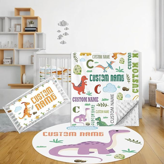 Custom Baby Bedding Set, 3 Pcs Personalized Name Crib Bedding Set for Nursery, Soft Double Layer Baby Crib Set for Boy Girl, Customized Gifts for New Parents Infants Toddlers, Green Dinosaur