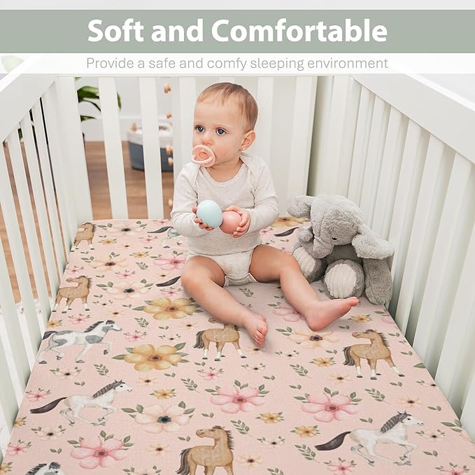 Watercolor Horse Floral Baby Crib Sheets for Boy Girl 52"x28" Running Horses Boho Flowers Soft Snug Fitted Crib Mattress Cover Wild Animals Baby Sheet for Standard Crib & Toddler Bed Mattress Pink