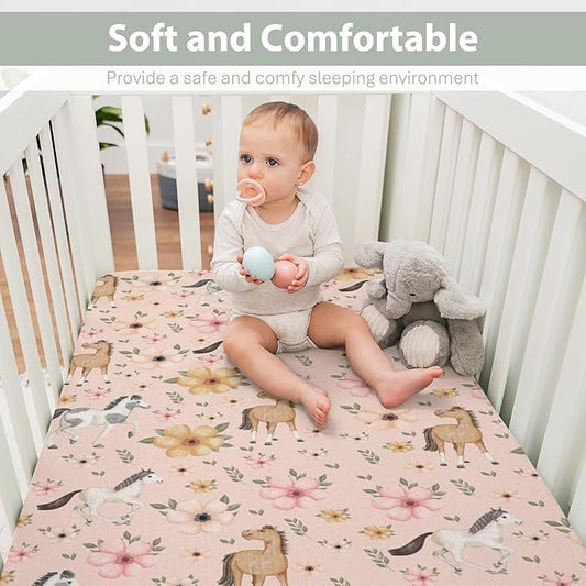 Watercolor Horse Floral Baby Crib Sheets for Boy Girl 52"x28" Running Horses Boho Flowers Soft Snug Fitted Crib Mattress Cover Wild Animals Baby Sheet for Standard Crib & Toddler Bed Mattress Pink