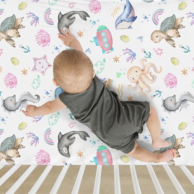 Colorful Ocean Animals Baby Crib Sheets for Boy Girl 52x28Inch Sea Horse Turtle Whale Rainbow Corals Soft Snug Fitted Crib Mattress Cover Marine Life Baby Sheet for Standard Crib & Toddler Mattress