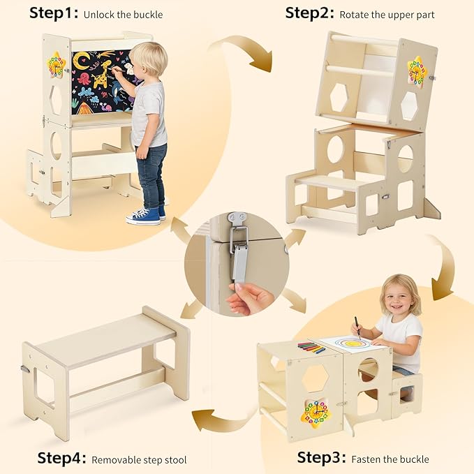 Acenova Toddler Kitchen Step Stool, 4 in 1 Foldable Learning Tower with Blackboard and Star Number Clock, Standing Step Stool Toddler Tower for Bathroom Sink, Kitchen Counter