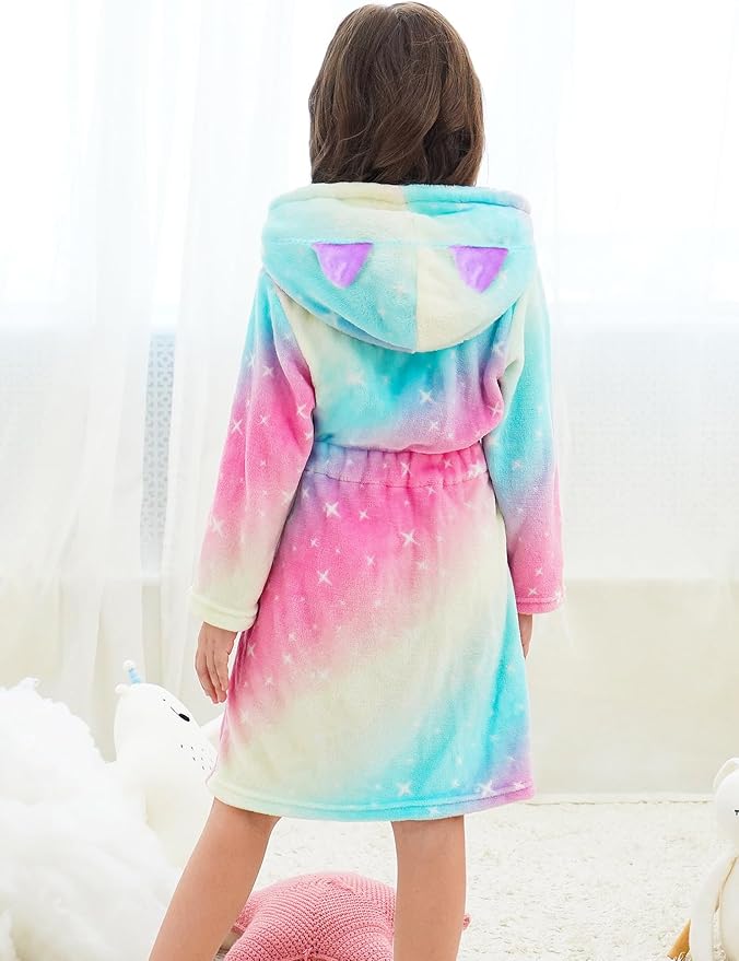 Doctor Unicorn Girls Leopard Cat Robe Kids Fleece Warm Hooded Bathrobe