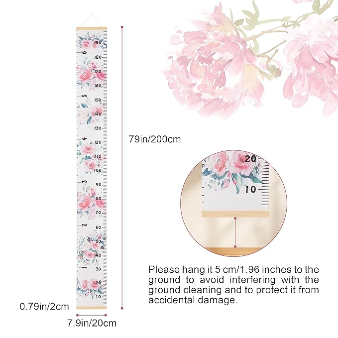 BESSLEE Canvas Kids Growth Chart for Wall, Floral Height Measurement Tracker for Baby Girl, Hanging Ruler with Removable Hook, Nursery Room Playroom Toddler Bedroom Decor, 79”x7.9” Pink