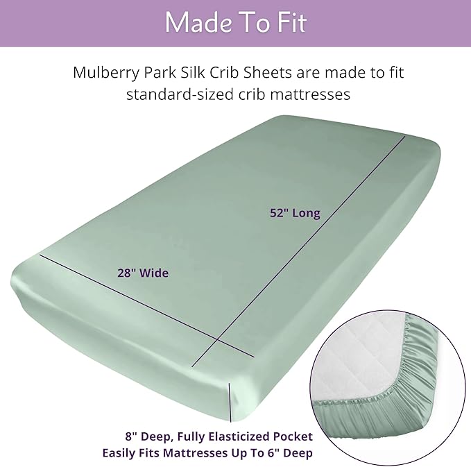Mulberry Park Fitted Silk Crib Sheet - Grade 6A Pure 19 Momme Toddler Bedding - Gentle on Baby's Delicate Skin, Helps with Bald Spot, Eczema, Dry Skin & Cradle Cap - 28" x 52" / Goodnight Green