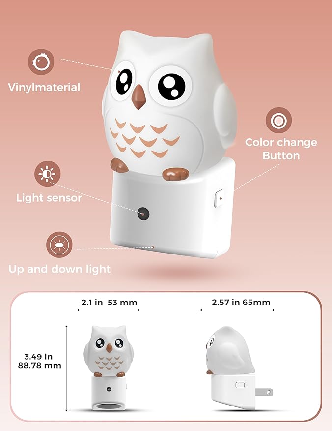 L LOHAS LED Night Light for Kids, 3D Owl Night Light Plug in, Dusk to Dawn Nursery Night Lights, RGB+Soft White 3000K, 3 Lighting Modes, Room Decor, Children