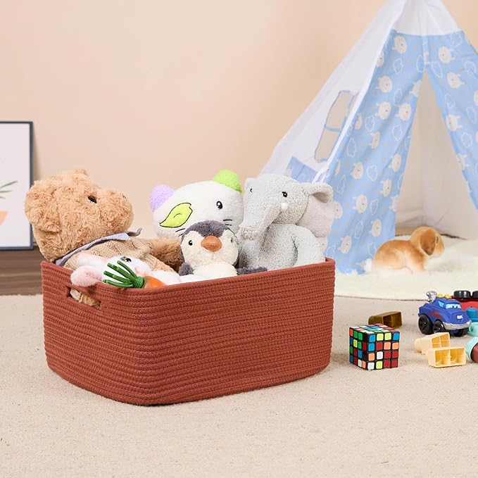 MiniArk Large Storage Baskets for Shelves, Closet Organizers Bins for Clothes Blanket Towels, Baby Nursery, Toy Baskets Box, Woven Rope Baskets, 17 x 13 x 7.5”, 2 Packs Oxide Red