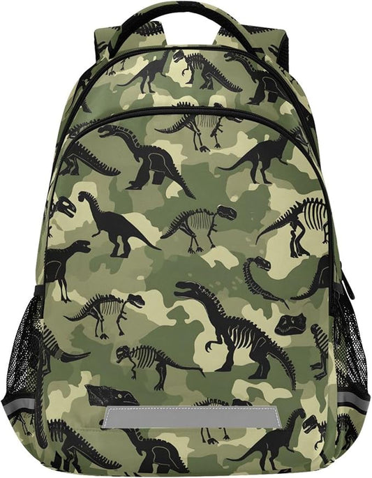 MNSRUU School Backpack with Chest Strap, Dinosaur Camouflage Pattern Laptop Backpack, Travel Hiking Backpack for Boys Girls, Rucksack, Knapsack