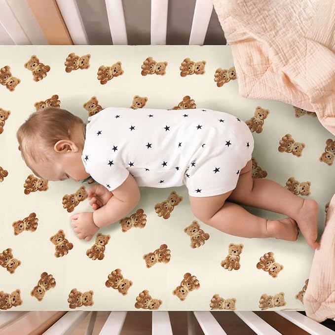 LifeTree Crib Sheets for Baby Unisex - Muslin Fitted Crib Sheets Toddler Bed Sheet, 70% Viscose from Bamboo and 30% Cotton, Fits Mini Crib & Pack and Play Playard, Bear, 26in x 38in