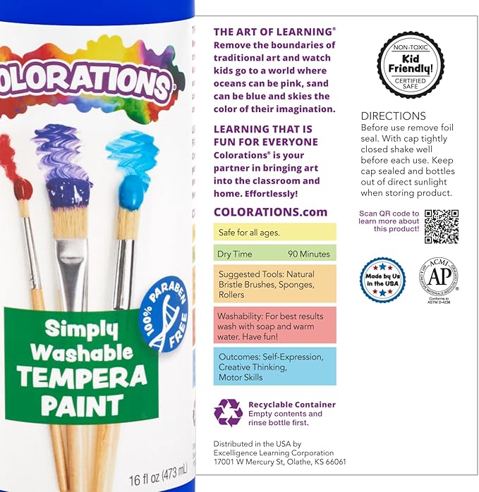 Colorations Paraben-Free Washable Tempera Paint for Kids - 8 Ounce Bottles, Set of 6 Primary Colors, Non-Toxic and Made in The USA