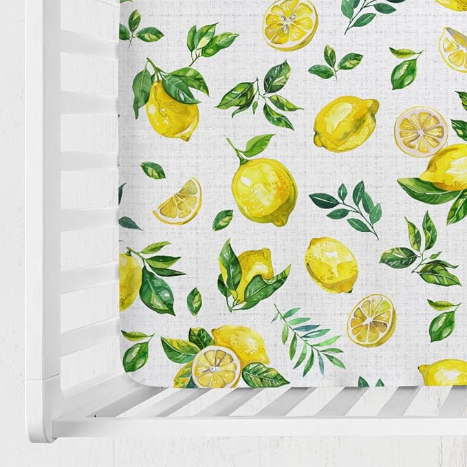 Watercolor Fresh Lemons Baby Crib Sheet 52''x28'' Summer Lemon Green Leaves Stretchy Fitted Crib Mattress Cover for Boy Girl Tropical Fruit Soft Nursery Bed Sheet for Standard Crib Toddler Mattress