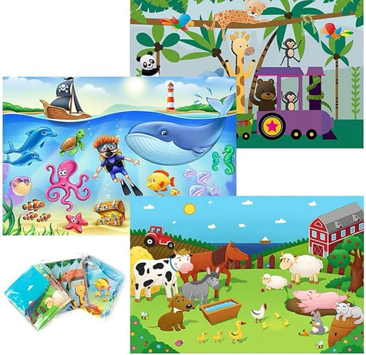 40 Pack Disposable Placemats for Baby, 3 Design Pack Baby Eating Mat, 12" x 18" Sticky Kids Placemat, Toddler Place mat for Restaurants, Plastic Kids Placemats for Dining Table
