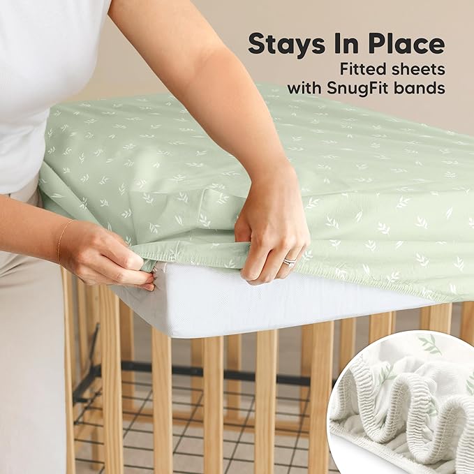 2-Pack Waterproof Crib Sheets for Girl, Boy - Organic Cotton 52X28 Fitted Crib Sheets Neutral, Crib Mattress Protector Sheets, Soft Toddler Bed Sheets,Washable Infant Fitted Baby Crib Sheets (Herb)