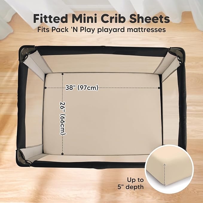 2 Pack and Play Sheets, Waterproof Mini Crib Sheets Fitted - 38x26 Organic Cotton Pack N Play Sheets for Graco Pack and Play Mattress, Playard Baby Crib Sheets,Neutral for Boy,Girl,Toddler(Macadamia)