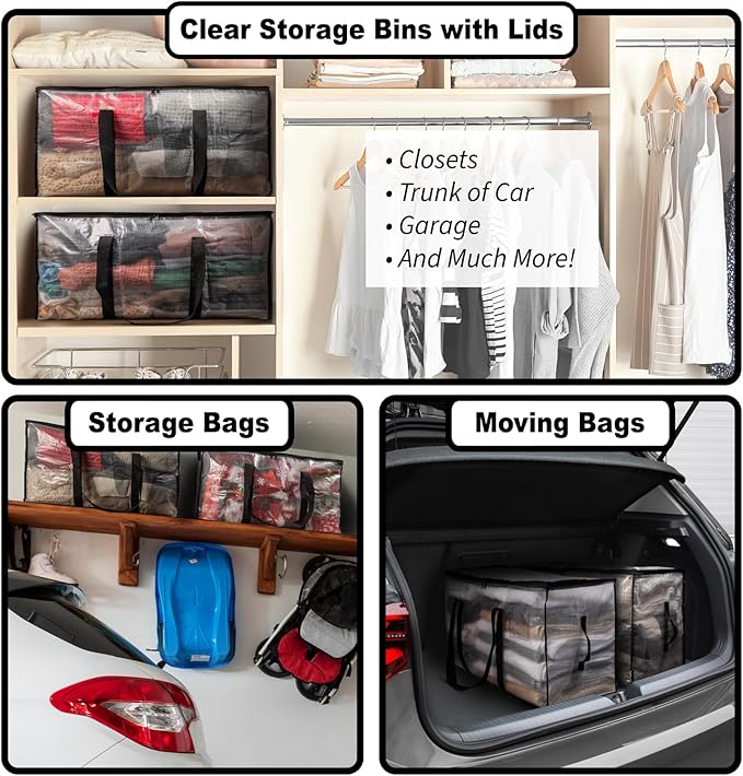 ClearSpace Heavy Duty Moving Bags or Storage Bags – Clear Storage Bins with Lids, Large Moving Boxes with Backpack Straps & Zippers,– Packing Box & Moving Supplies for College Dorm, 7 Pack