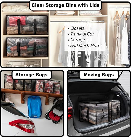 ClearSpace Heavy Duty Moving Bags or Storage Bags – Clear Storage Bins with Lids, Large Moving Boxes with Backpack Straps & Zippers,– Packing Box & Moving Supplies for College Dorm, 7 Pack