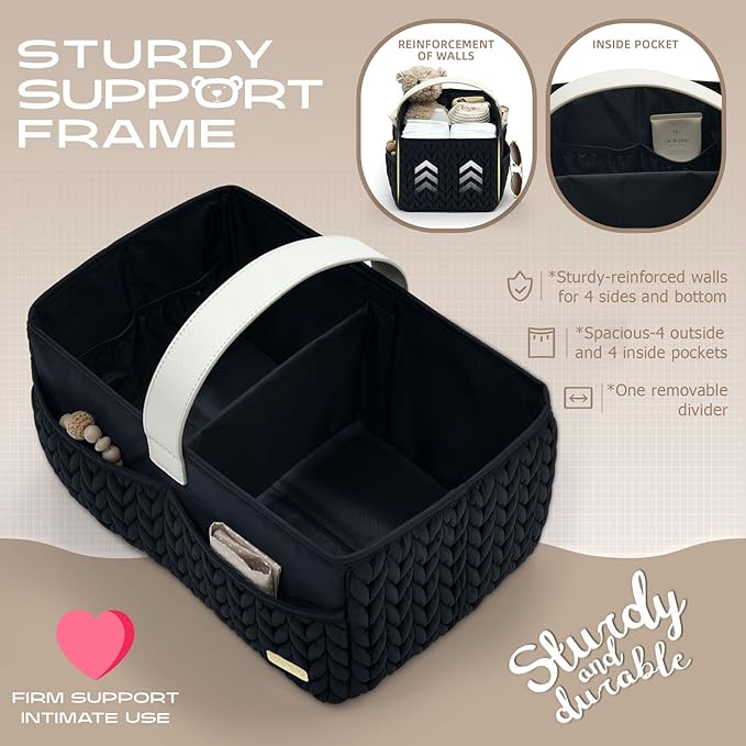 LUKJOJO Luxurious Baby Diaper Caddy, Nursery Storage Basket for Newborn Essentials, Travel Baby Basket for Diapers Baby Wipes, Organizer Tote Bag Storage Bin, Baby Shower Gifts(black)