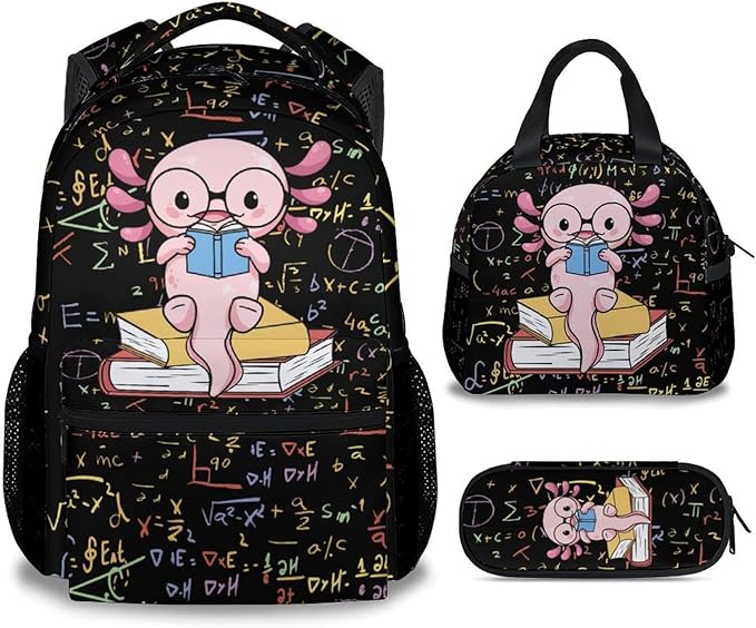 Mercuryelf Axolotl Boys Girls Backpack with Lunch Box Set, 3 in 1 School Travel Backpacks Matching Combo, Black Cute Bookbag and Pencil Case Bundle