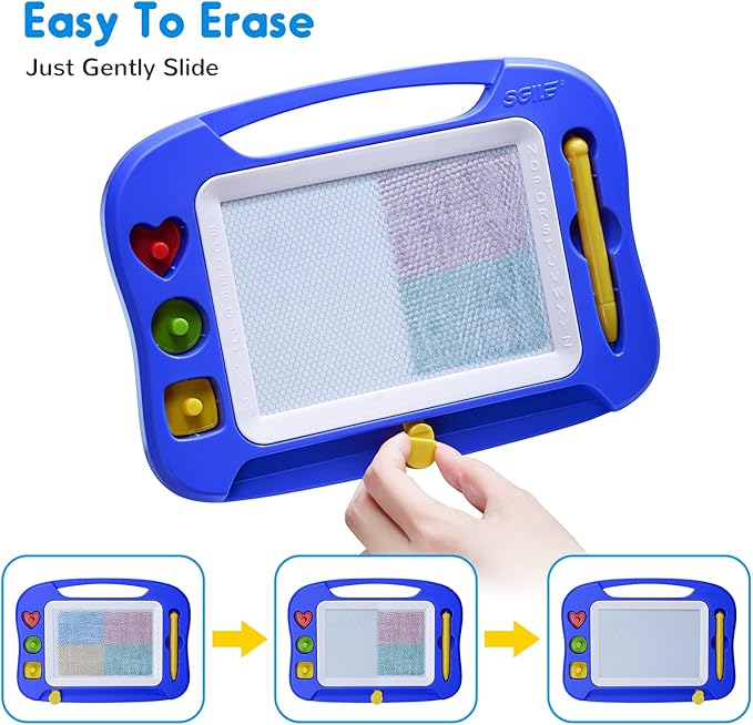 SGILE Magnetic Drawing Board for Kids, Toddlers Toys for 1 2 3 4 Year Old, Etch & Sketch Pad with 4 Stamps, Learning and Educational Toys for Boys Girls Gift, 25 x 18 CM (10 × 7 in), Blue