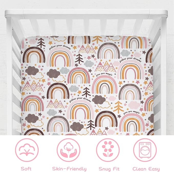 Colorful Boho Rainbow Baby Crib Sheet 52''x28'' Cute Rainbow Mountain Trees Clouds Stars Fitted Crib Mattress Cover for Boy Girl Soft Bed Sheet for Standard Size Crib and Toddler Mattresses