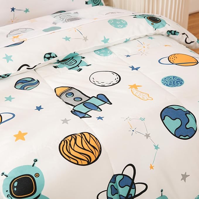 JSD Blue Astronaut Toddler Bedding Set, 4 Piece Space Theme Rocket Bed-in-a-Bag Toddler Comforter Sheet Set, Machine Washable