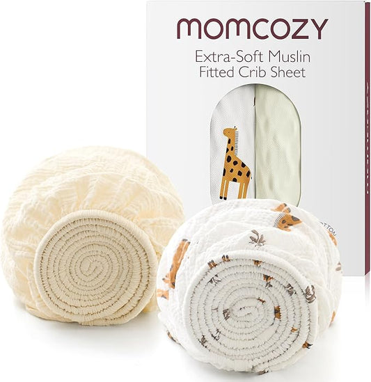 Momcozy Muslin Mini Crib Sheets Fitted - 38''x26'' Pack and Play Sheets for Pack N Play Mattress, 2 Pack Soft & Breathable Natural Cotton Non Slip Bed Cover for Boys, Girls, Bravery Giraffe