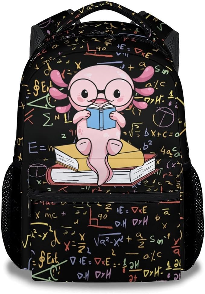 Mercuryelf Axolotl Backpack for Boys Girls, 16 Inch Black Backpacks for School Travel, Cute Lightweight Bookbag for Kids