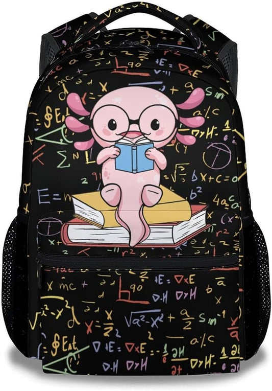 Mercuryelf Axolotl Backpack for Boys Girls, 16 Inch Black Backpacks for School Travel, Cute Lightweight Bookbag for Kids