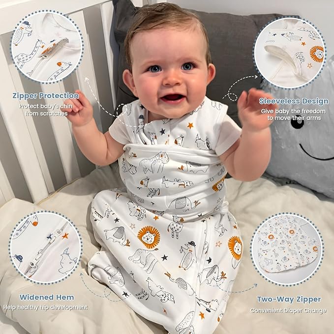 ZIGJOY Sleep Sack Swaddle 1.0 Tog Baby Wearable Blanket 100% Cotton Baby Swaddle Blanket for Newborns 0-6 Months Grey&Line Animal