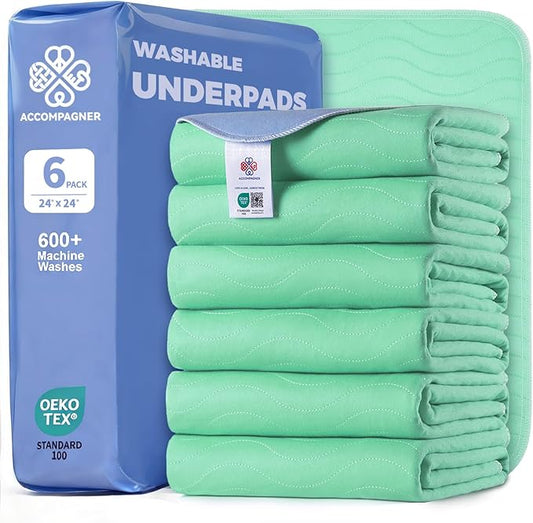 Accompagner Waterproof Reusable for Adults and Pets Washable Pee Pads for Dogs Changing Pad Large Dog Bed Size Adults Incontinence Bed Pads - Non-Slip Leak-Proof (Green, 6Pack-24" x24")