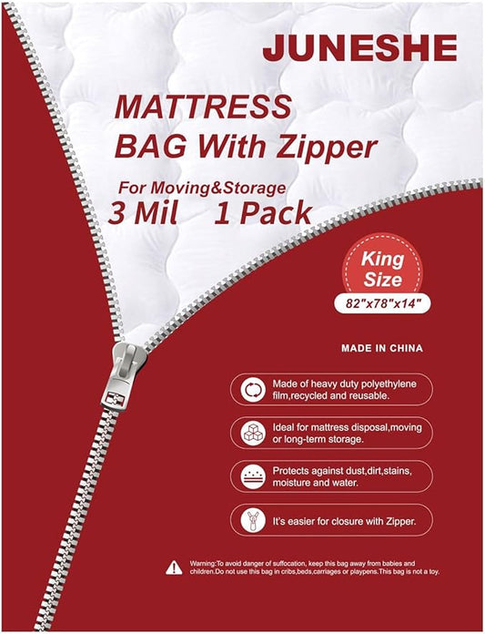 King Mattress Bag for Moving and Storage-3 Mil Zipper Plastic Waterproof Mattress Storage Bag