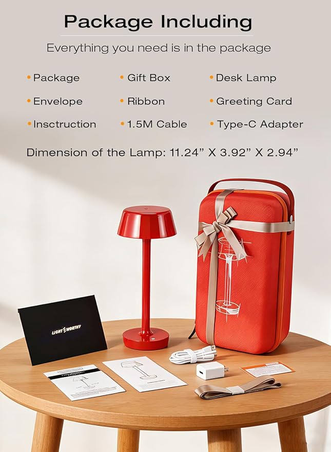Light Worthy Cordless Rechargeable Table Lamp with Power Charger,Portable LED Desk Lamp,5000mAh Battery Operated,2700K-5700K Tunable,Stepless Touch Dimming for Bedroom Bedside Outdoor Camping,Red
