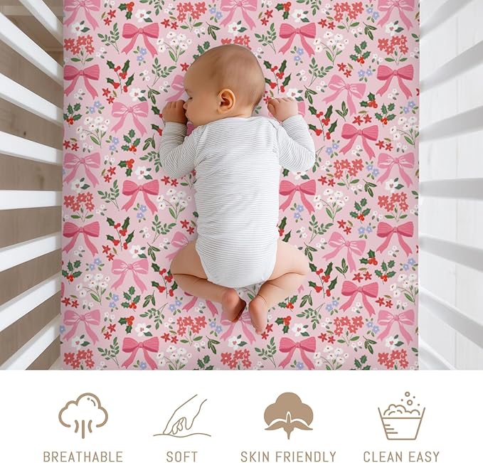 Preppy Pastel Floral Bows Baby Crib Sheets Pink Girly Floral Bows Soft Snug Fitted Crib Mattress Covers for 52''x28'' Standard Crib & Toddler Mattress Christmas Flowers Cherry Fir Leaves Bed Sheets