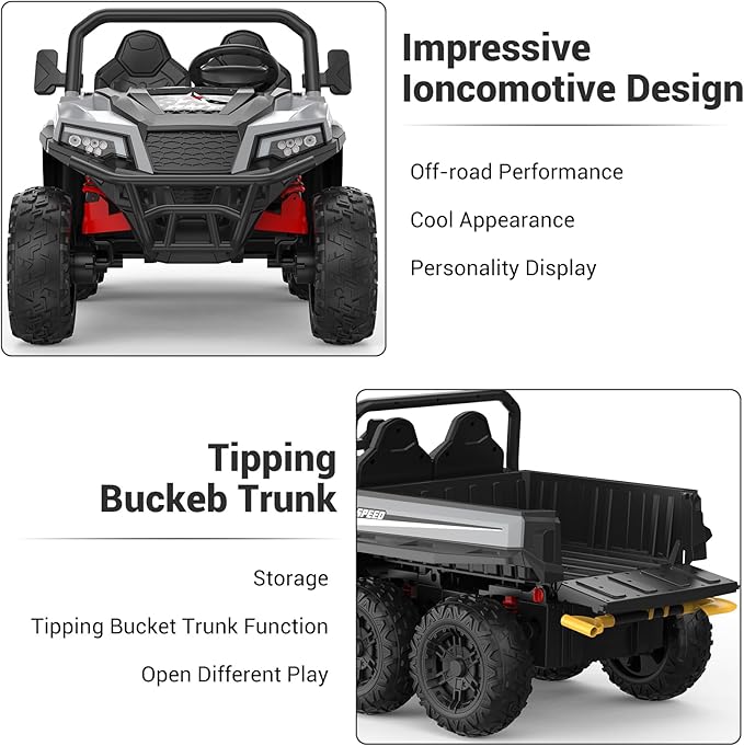 24V 2 Seater Ride on Dump Truck with Remote Control for Big Kids, 4WD 6 Wheels Ride on Car w/Music Player & LED Lights, Ride Toy Gift for Kid
