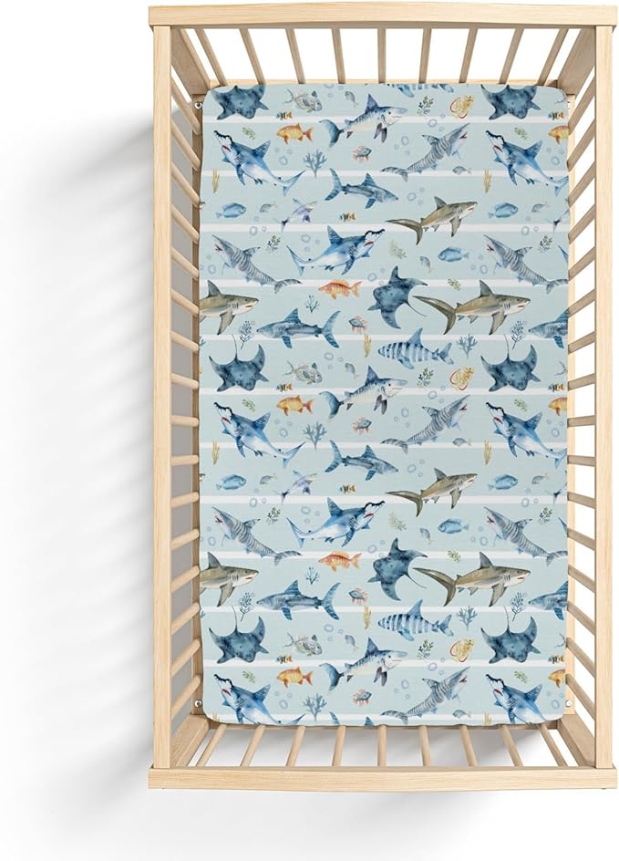 Blue Sharks Baby Crib Sheets for Boy Girl 28"x52" Sea Animals Shark Striped Corals Soft Snug Fitted Crib Mattress Covers Nautical Sharks Baby Sheet for Standard Crib and Toddler Bed Mattress