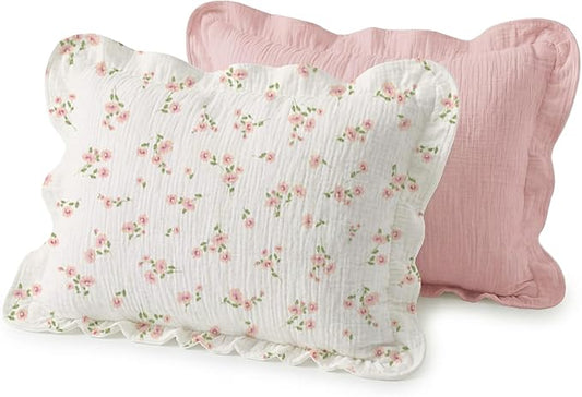 Muslin Ruffled Toddler Pillowcases 13"x18" 2 Pack, Soft, Breathable Muslin Cotton Travel Pillow Covers with Envelope Closure for Baby Boys, Girls & Kids (Rosy-Ruffled, 13 x 18 Inch)