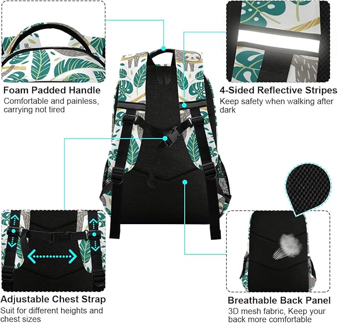 MNSRUU School Backpack with Chest Strap, Cute Sloths And Tropical Palm Leaves Laptop Backpack, Travel Hiking Backpack for Boys Girls, Rucksack, Knapsack
