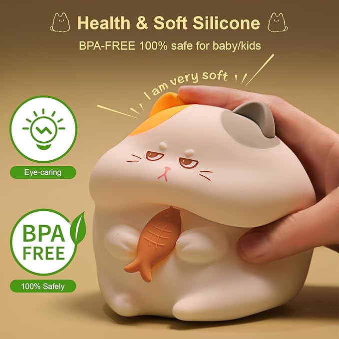 FAMIDUO Greedy Cat Night Light for Kids,3 LevelsDimmable Cute Kitty Nursery Nightlight with Touch ColorChange, Squishy Silicone Rechargeable Bedside Lampfor BabyPregnant Mom/Elderly/Adults