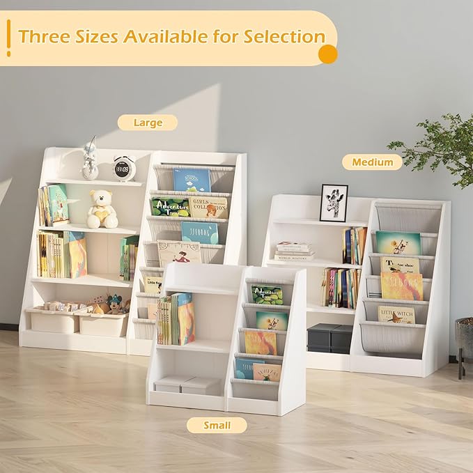 HedoAjim White Kids Bookshelf Wood Toy Storage Organizer Cabinet Children Bookcase Toddler Baby Sling Book Rack Adjustable Shelf for Playroom Bedroom Nursery Hallway School Kindergarten