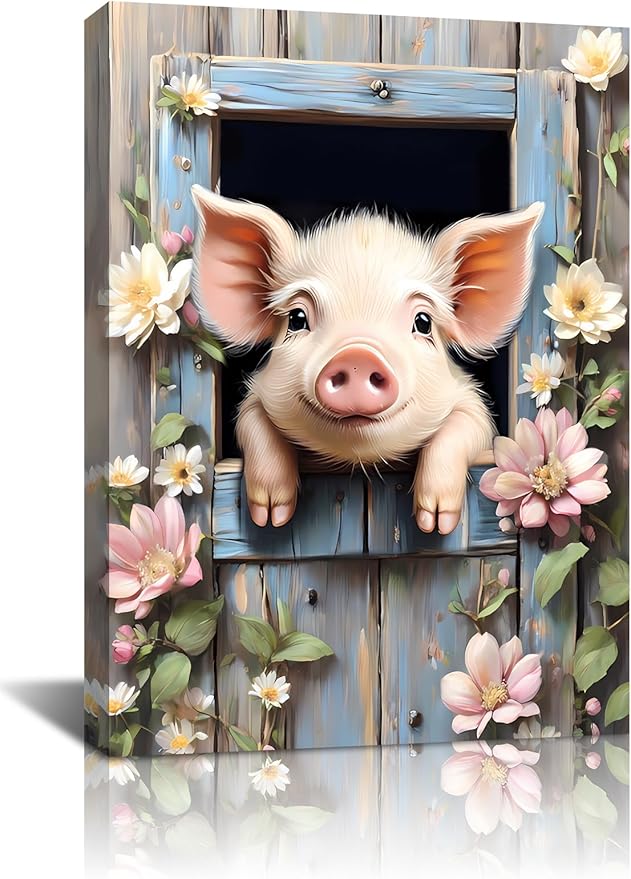 LNLAGBO Farm Animals Canvas Wall Art,Funny Pig Canvas Wall Art Print,Rustic Farmhouse Piggy Looking Over Wooden Fence Picture Prints for Bathroom Bedroom Living Room Decor-12 x16