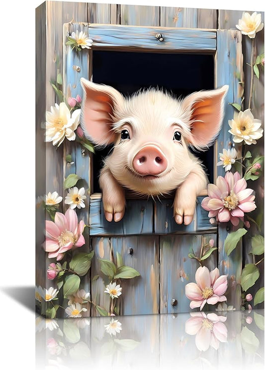 LNLAGBO Farm Animals Canvas Wall Art,Funny Pig Canvas Wall Art Print,Rustic Farmhouse Piggy Looking Over Wooden Fence Picture Prints for Bathroom Bedroom Living Room Decor-12 x16