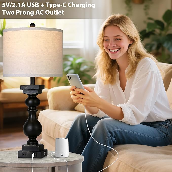MOUVOVO 28" Tall Farmhouse Table Lamps Set of 2 with USB C+A Ports and AC Outlet, 3 Way Touch Tall Rustic Bedside Lamps for Living Room, Black Vintage Lamps for Bedroom