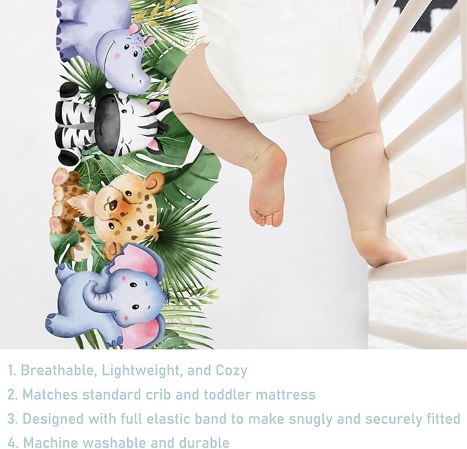 Baby Jungle Safari Animals Tropical Leaves Flowers Baby Crib Sheet 52''x28'' Fitted Crib Mattress Cover for Boy Girl Nursery Toddler Bed Sheet Fits Standard Crib and Toddler Mattresses Leaves