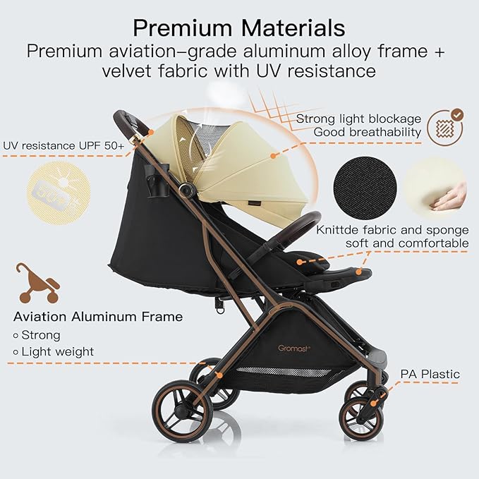 Gravity Folding Baby Stroller - Portable Travel Toddler Stroller w/Adjustable Backrest, Canopy, Footmuff & Cup Holder, Lightweight and UV Protected, One-Hand Automatic Folding - Beige