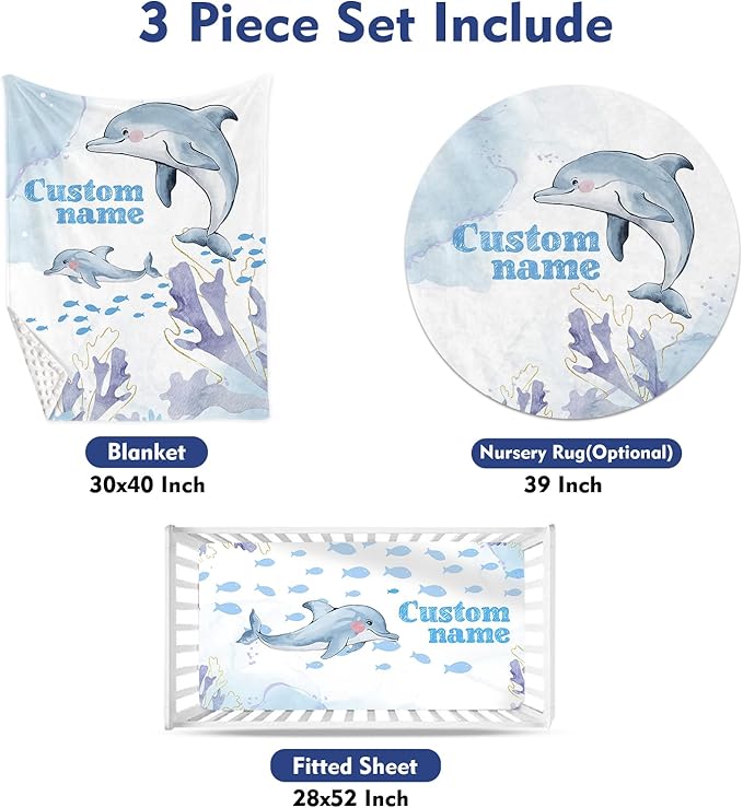 Custom Baby Crib Bedding Set, Personalized Name Blue Dolphin Theme Crib Set 3 Pcs, Soft Double Layer Blanket, Crib Sheet & Room Rug, Ideal Nursery Decor Gift for Baby Girls Boys
