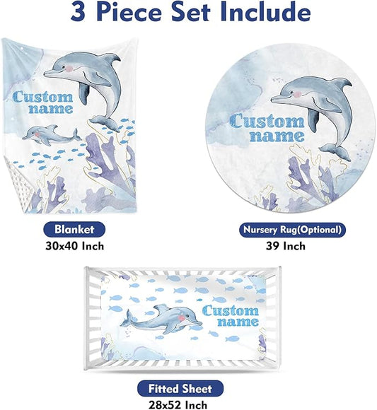 Custom Baby Crib Bedding Set, Personalized Name Blue Dolphin Theme Crib Set 3 Pcs, Soft Double Layer Blanket, Crib Sheet & Room Rug, Ideal Nursery Decor Gift for Baby Girls Boys