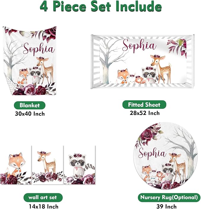 Custom Baby Crib Bedding Set,Personalized Name Rose Animal Pattern Nursery Bed Set 4 Piece,Baby Blanket Fitted Sheet Nursery Rug Wall Art Set,Custom Room Decor Idea Gift for Newborns Boys Girls